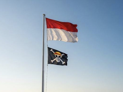 simbol bajak laut one piece berkibar di bawah bendera merah putih.
