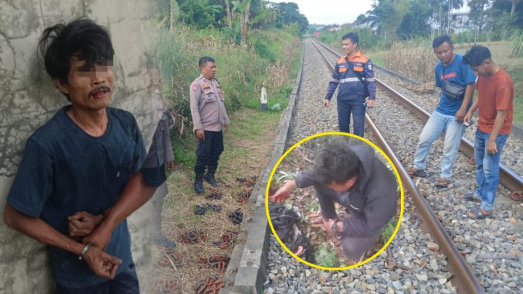 Polsuska terluka saat tangkap pencuri besi rel di siantar pelaku (kiri), barang bukti besi penambat rel dan insert: petugas polsuska yang terluka. (foto: ist)